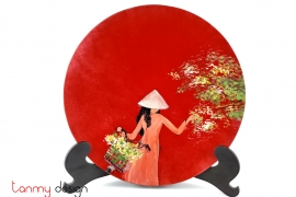 Red round lacquer dish hand-painted with the girl in long dress included with stand
